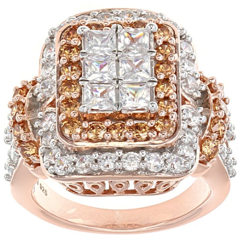 Rose Gold princes cut Mocha and White CZ ring New - Picture 11 of 14